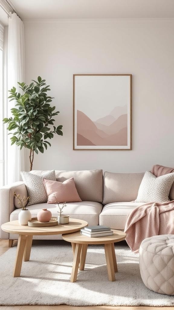 Cozy living room with blush accents and neutral tones, featuring a light pink sofa, decorative pillows, and natural elements.