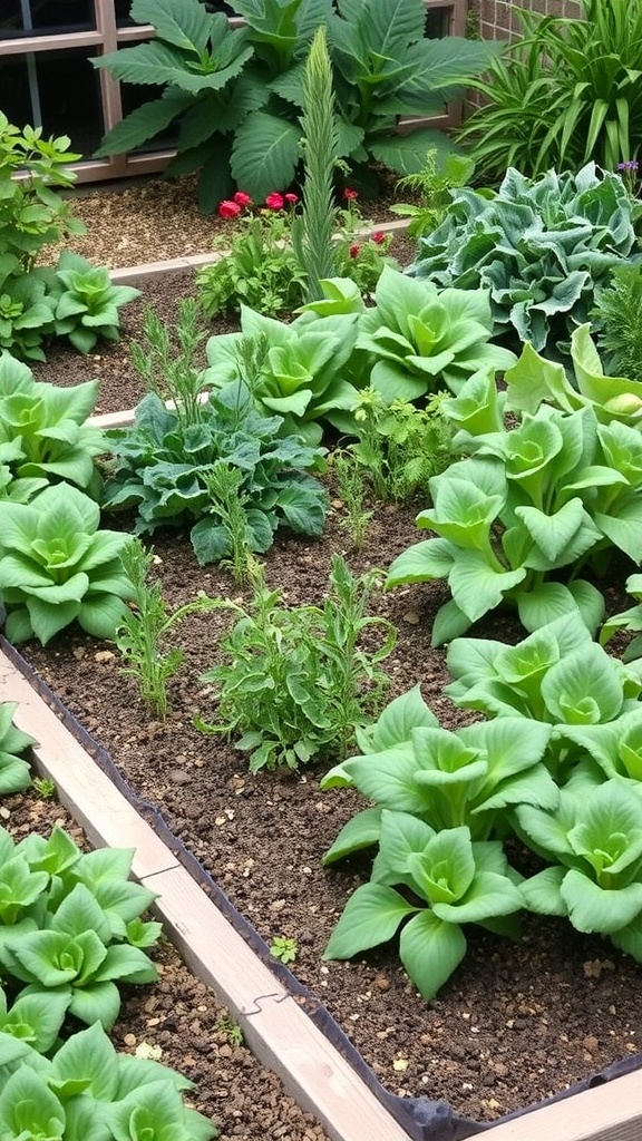 A colorful vegetable garden with tomatoes and green leaves, showcasing functional borders.