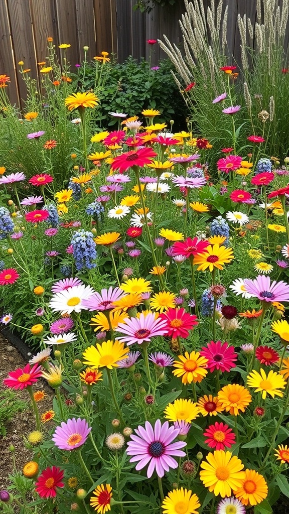 A colorful wildflower patch with various flowers in a small backyard garden.