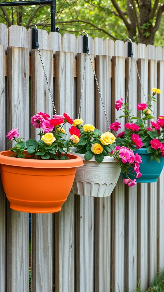 Colorful hanging flower planters on a wooden fence