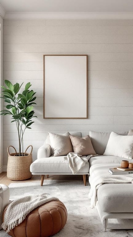 A cozy living room with textured walls, a white sofa, and a potted plant.