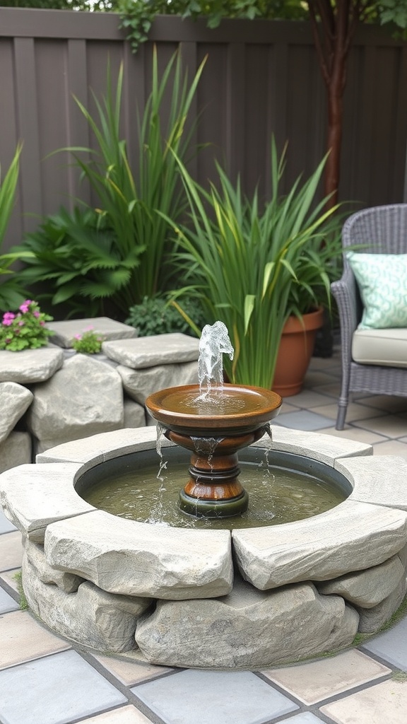 A tranquil patio with a fountain surrounded by plants and flowers.