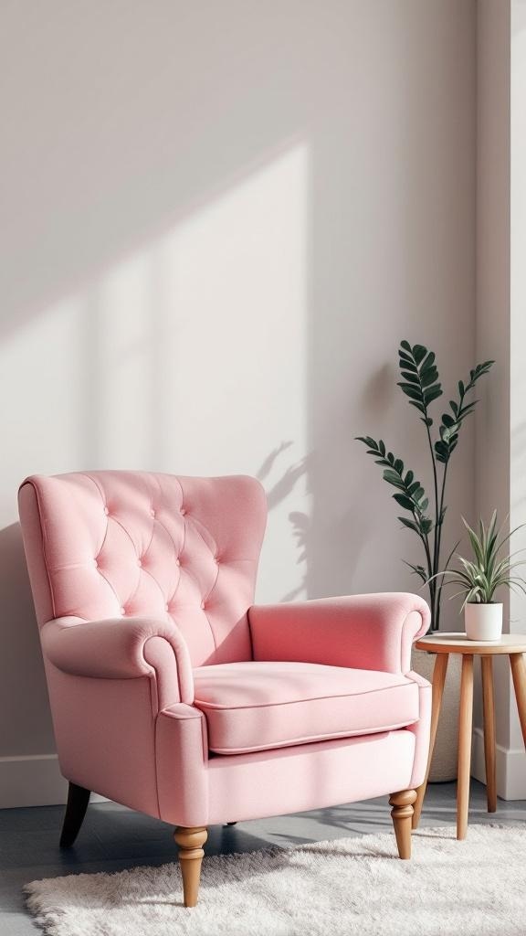 A vintage pink accent chair with tufted design, placed next to a small side table and potted plant in a bright room.
