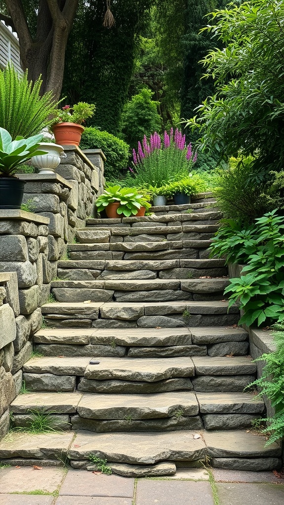 Cascading stone steps surrounded by greenery and potted plants.