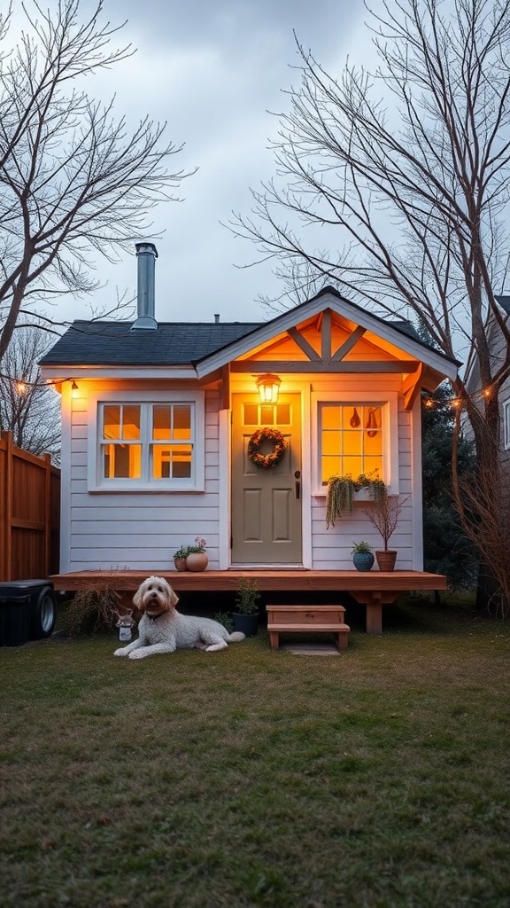 A small two-story shed house with a dog sitting in front on the grass.