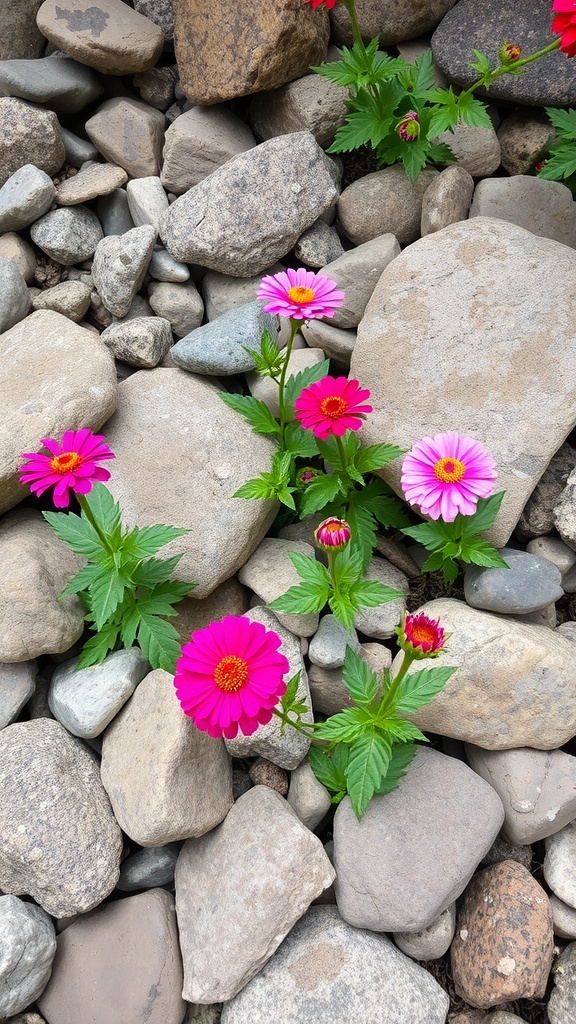 Colorful zinnias among smooth stones in a rock garden
