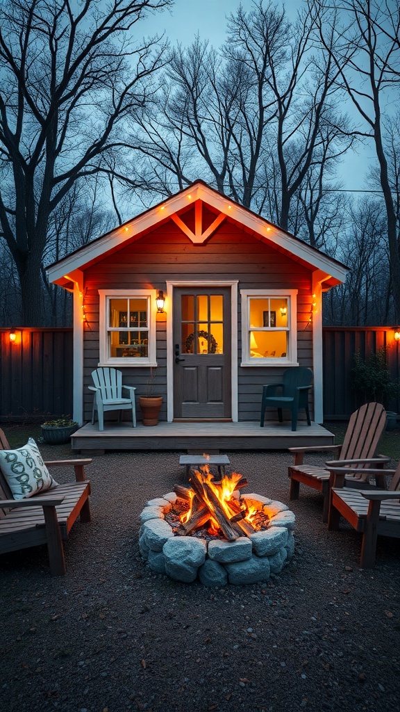 Cozy fire pit area with chairs and a shed house in the background.