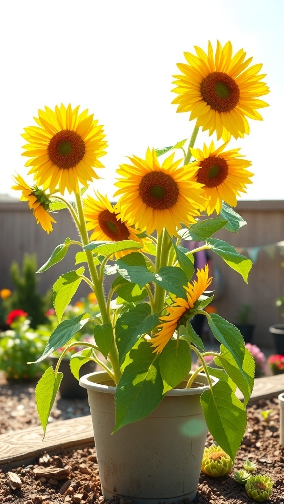 A terracotta pot filled with vibrant sunflowers, showcasing their bright yellow petals and dark centers.