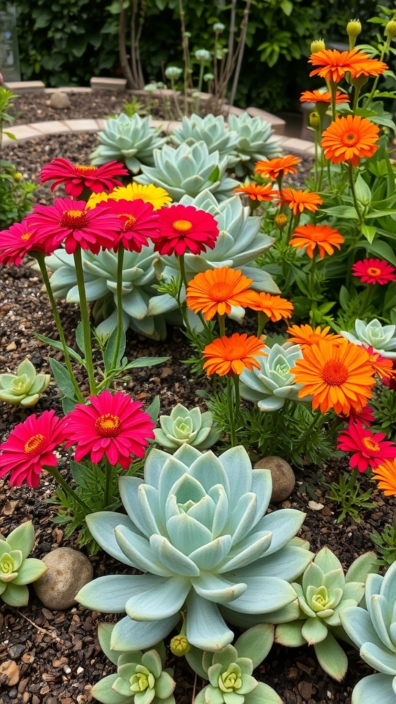 A vibrant garden bed featuring zinnias in pink and orange hues alongside lush green succulents.