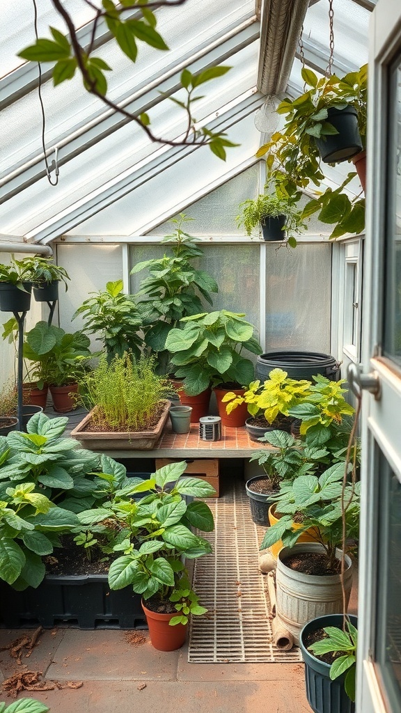 Interior view of a mini greenhouse filled with various plants in pots.