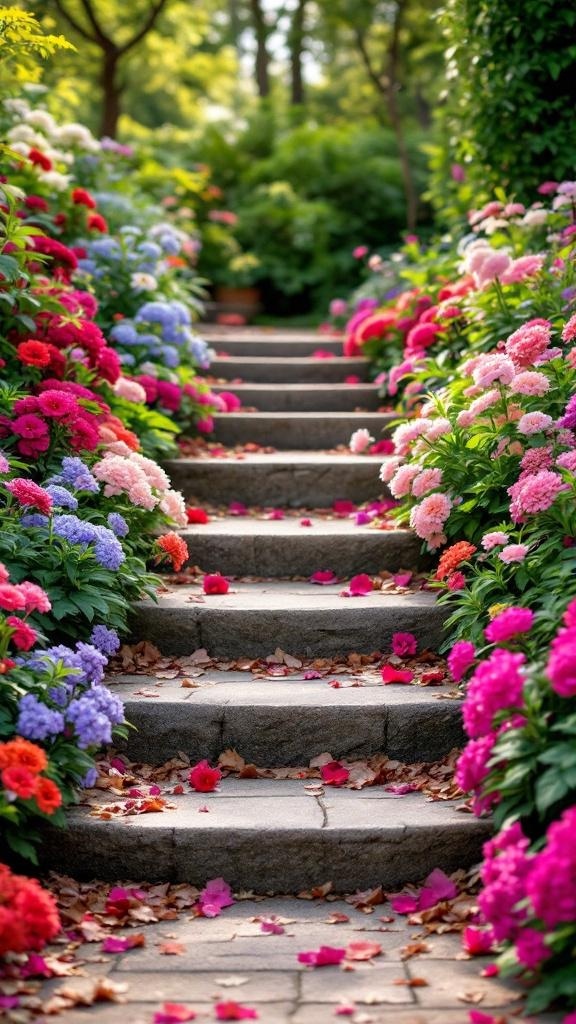 Stone garden steps surrounded by colorful flowers and greenery