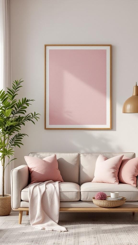 A small living room featuring a light sofa with pink pillows, a pink artwork above it, and a plant beside.