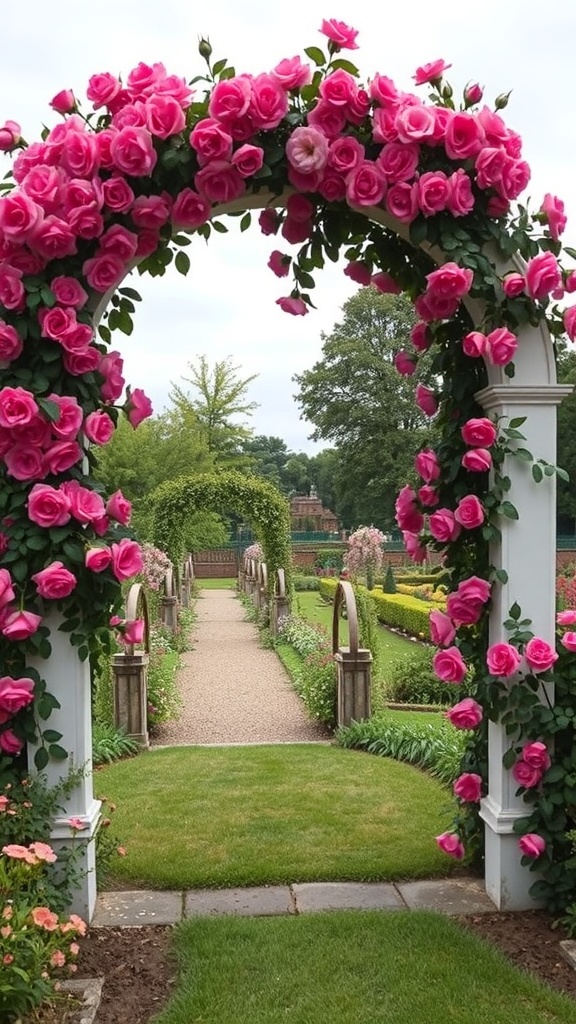 A decorative garden arch covered in pink roses, leading into a beautiful garden pathway.
