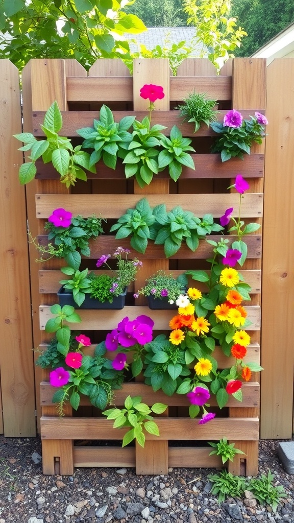 A vertical garden made from recycled pallets, featuring colorful flowers and greenery.