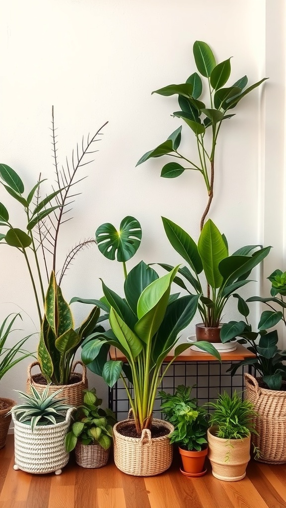 A collection of indoor plants in stylish pots, showcasing a variety of greenery for low-maintenance decor.