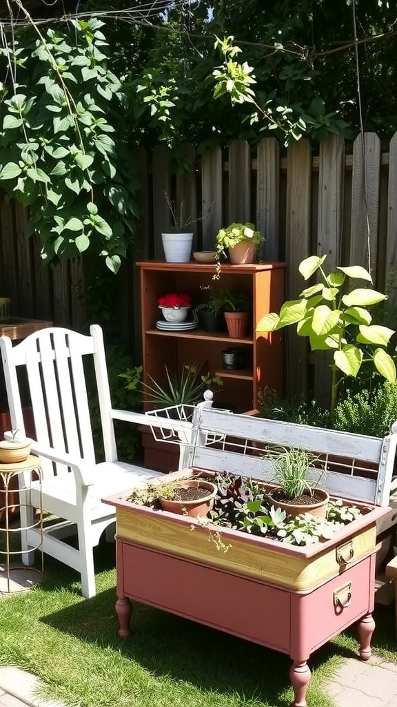 A small backyard garden featuring repurposed furniture with potted plants.