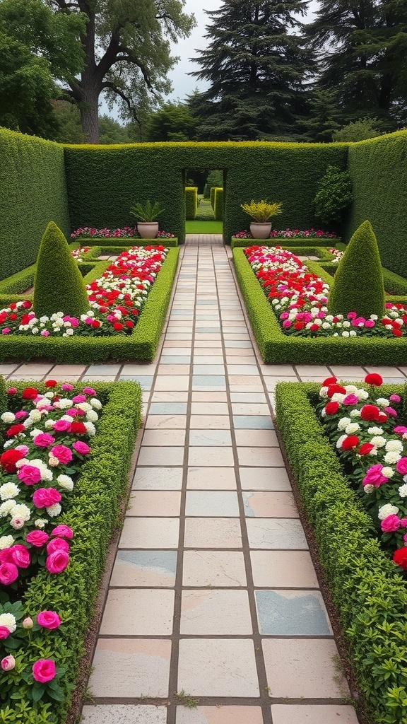 A formal garden with neatly trimmed hedges and colorful flower beds arranged in a symmetrical pattern.