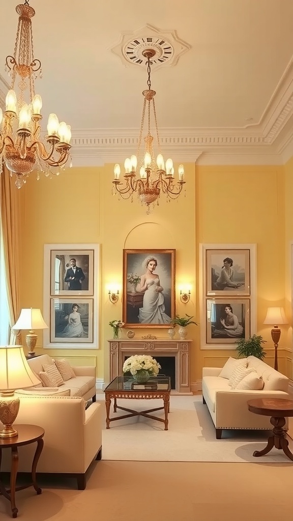 A pale yellow living room featuring an ornate chandelier and elegant table lamps, creating a warm and inviting atmosphere.