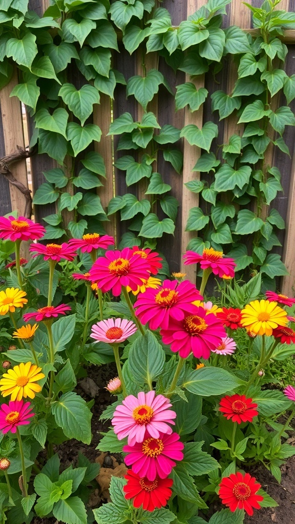 A vibrant garden featuring colorful zinnias in shades of pink, yellow, and red, with climbing green vines on a wooden fence in the background.