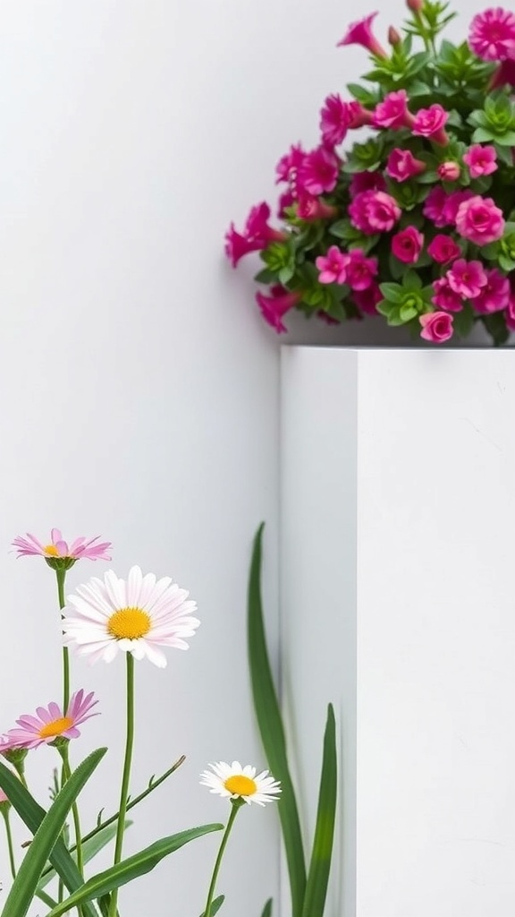 Chic minimalist flower design featuring colorful flowers against a white background.