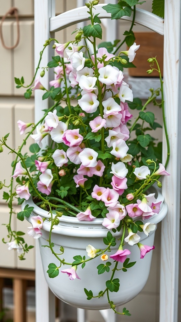 A beautiful arrangement of pink and white sweet pea flowers in a white hanging planter.