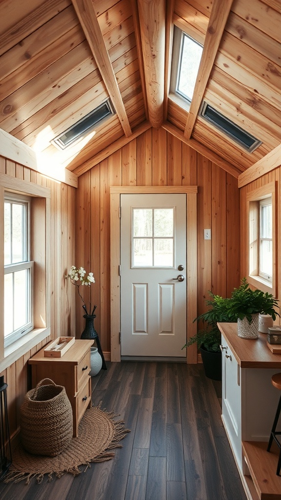 Interior of a tiny 2-story shed house with natural light from skylights and wooden walls.