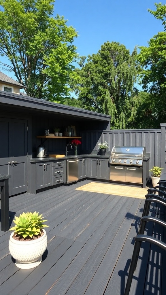 Outdoor kitchen setup on a black deck with a grill and counter space