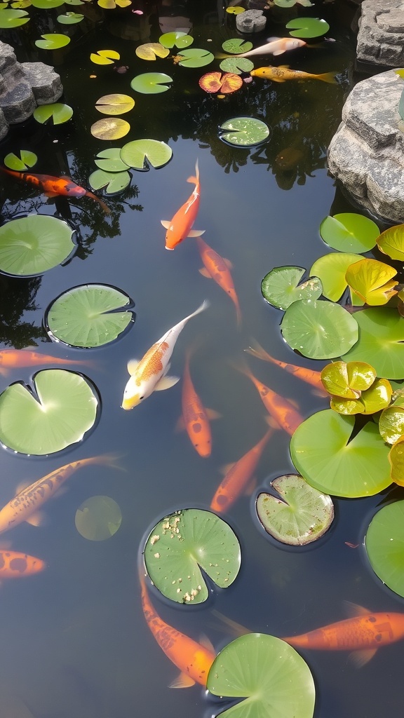 A serene water garden featuring koi fish, lily pads, and lush green foliage.