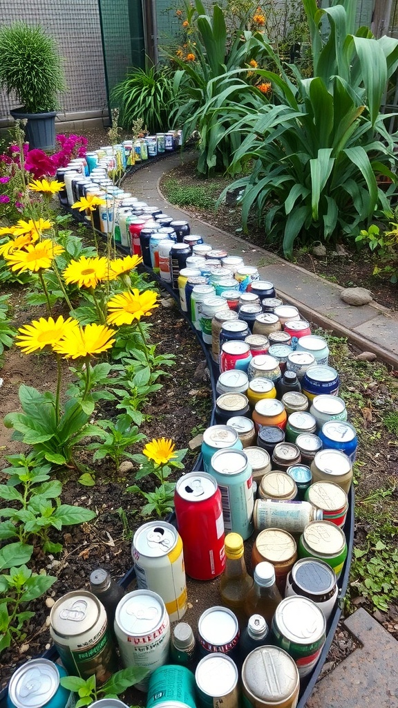 A garden border made from colorful recycled bottles and cans, with the word 'HOWE' displayed in lights.