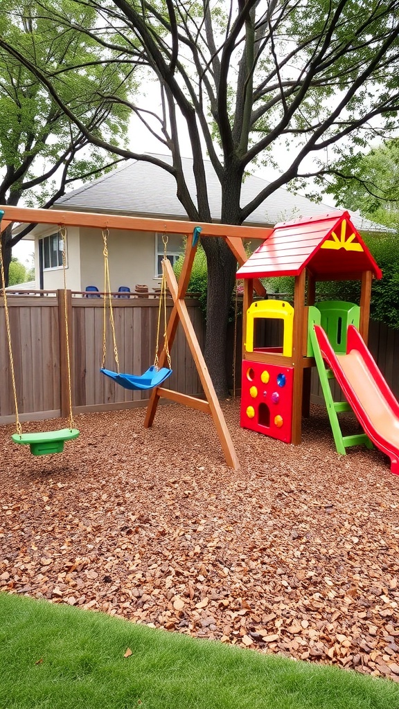 A colorful kids' play area with swings, a slide, and a playhouse surrounded by greenery.