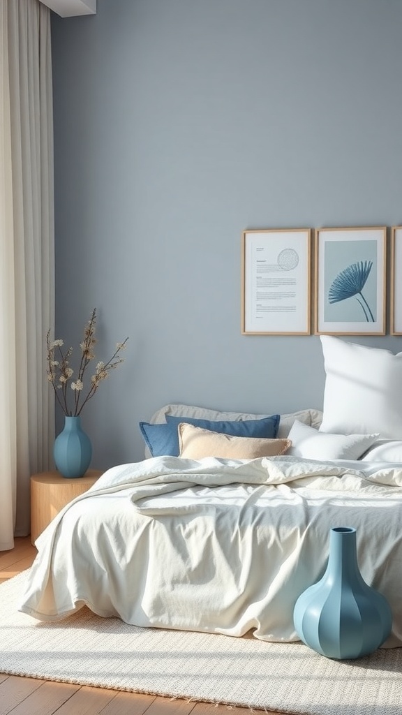 Cozy minimalist bedroom with soft blue accents, featuring light blue walls, layered bedding, and decorative vases.