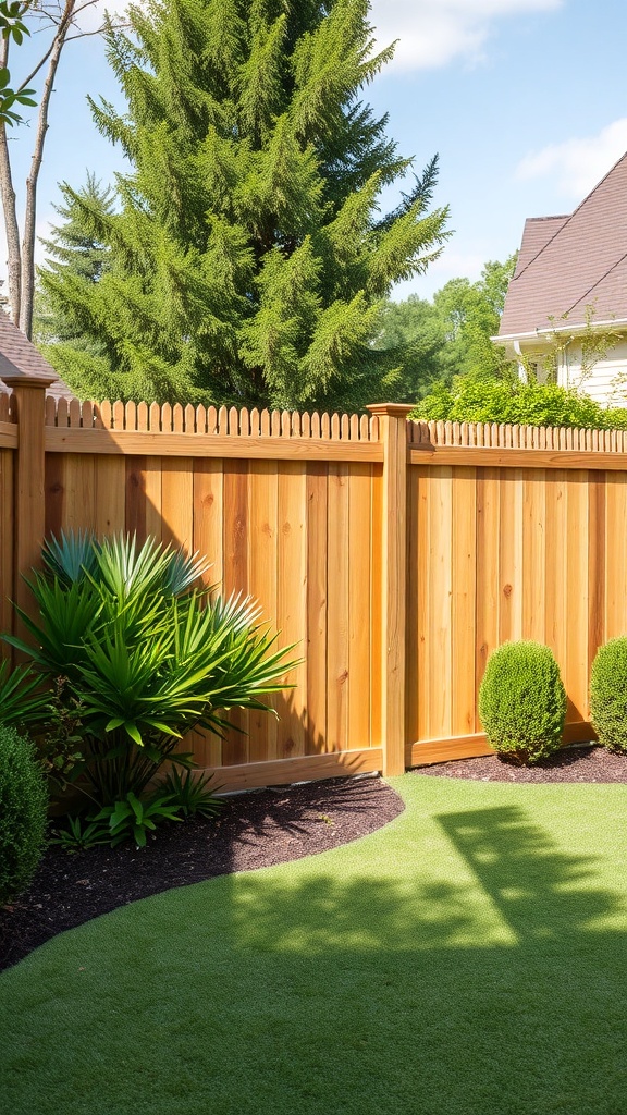 A wooden privacy fence with lush greenery and a well-maintained lawn.