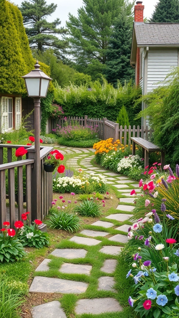 A whimsical cottage garden with a stone path, colorful flowers, and a wooden fence.