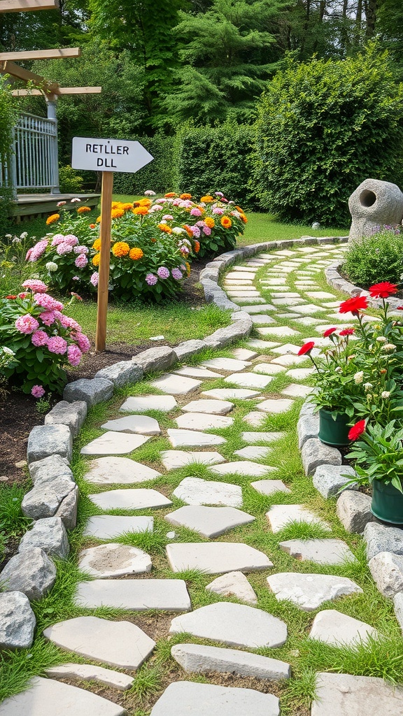 A stone pathway winding through a colorful garden with flowers and greenery.