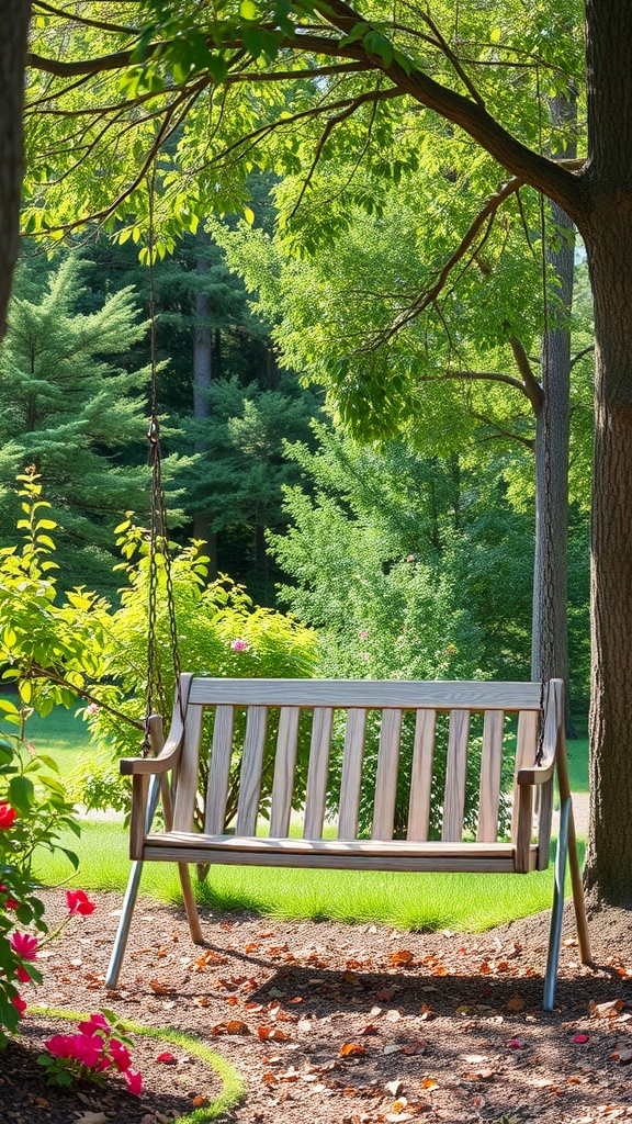 A wooden garden swing hanging from a tree, surrounded by lush greenery and colorful flowers.