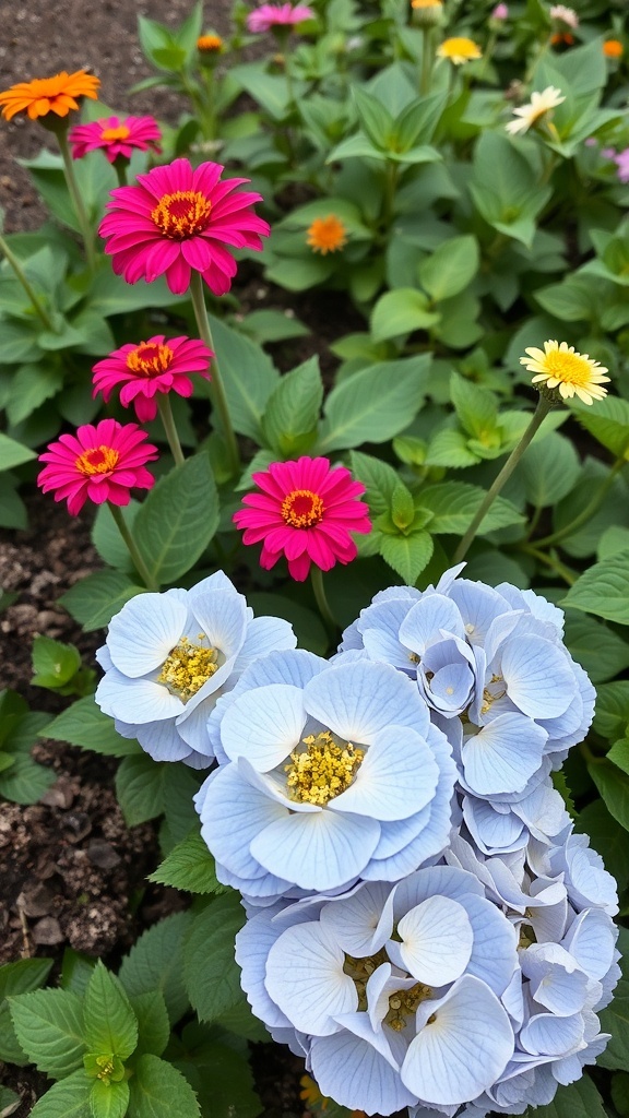 A garden bed featuring vibrant pink and orange zinnias alongside soft blue hydrangeas.