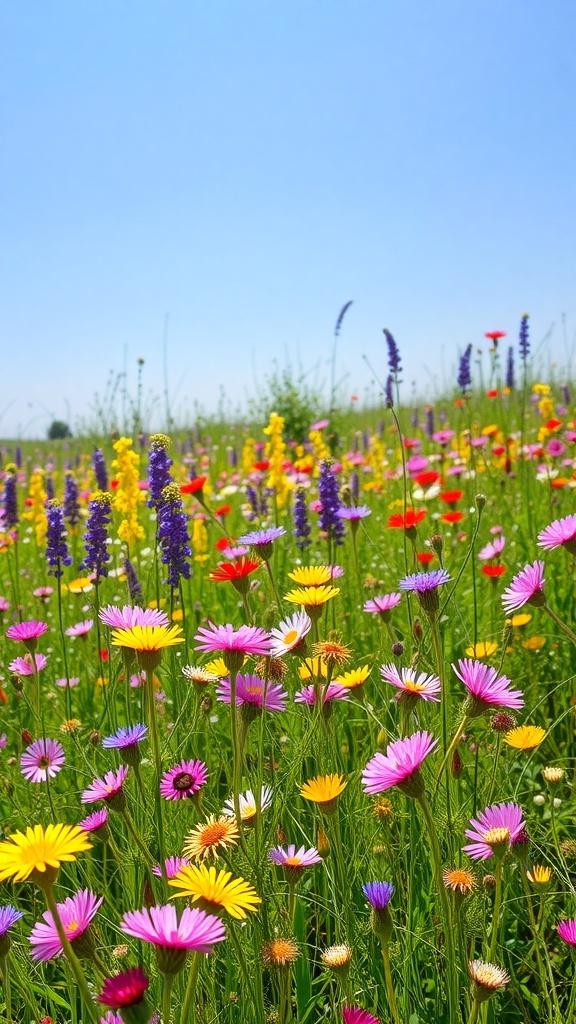 A colorful wildflower meadow with various flowers blooming under a clear blue sky.