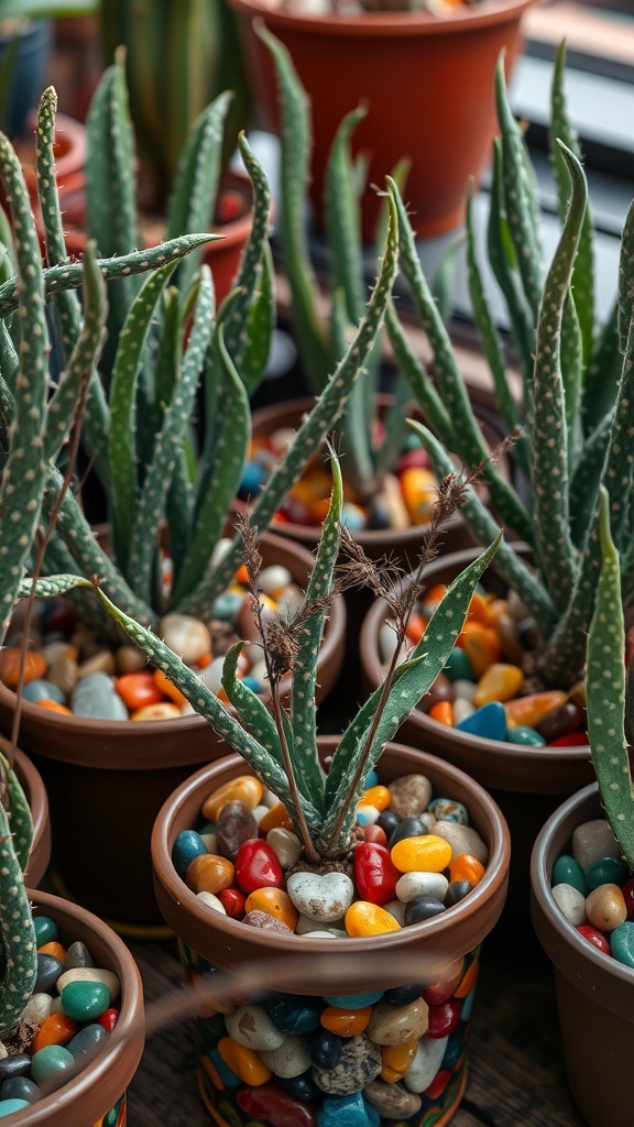 Potted plants with multicolored pebbles at the base, showcasing a vibrant indoor gardening setup.