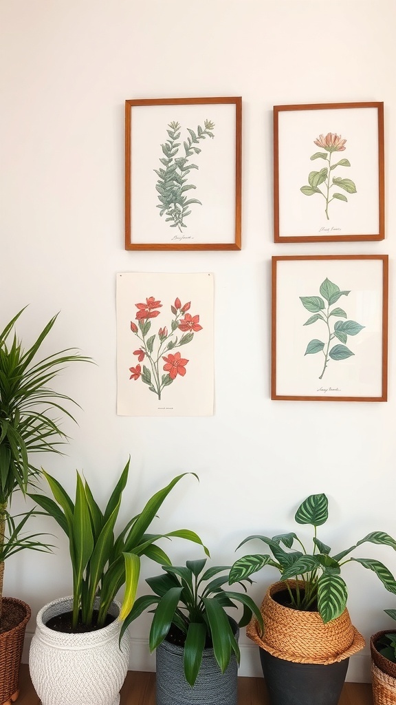 Botanical prints on a wall with indoor plants in stylish pots