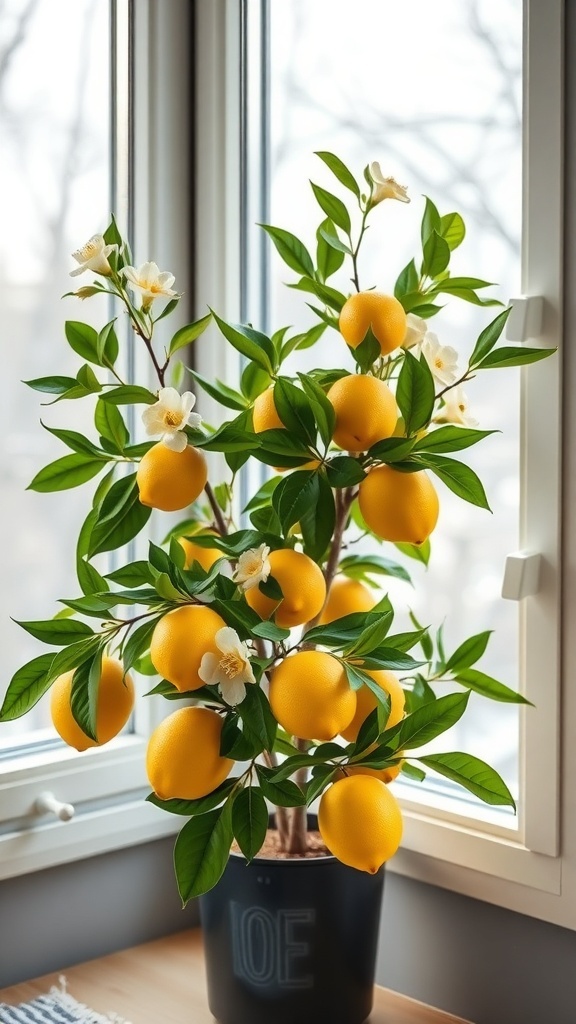 A Meyer lemon tree with bright yellow lemons and white flowers, placed by a window.
