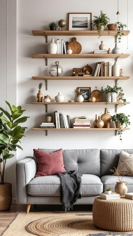 Stylish wall shelves with decorative items and plants above a gray sofa in a living room