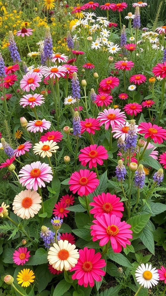 A colorful garden bed featuring zinnias and various wildflowers.