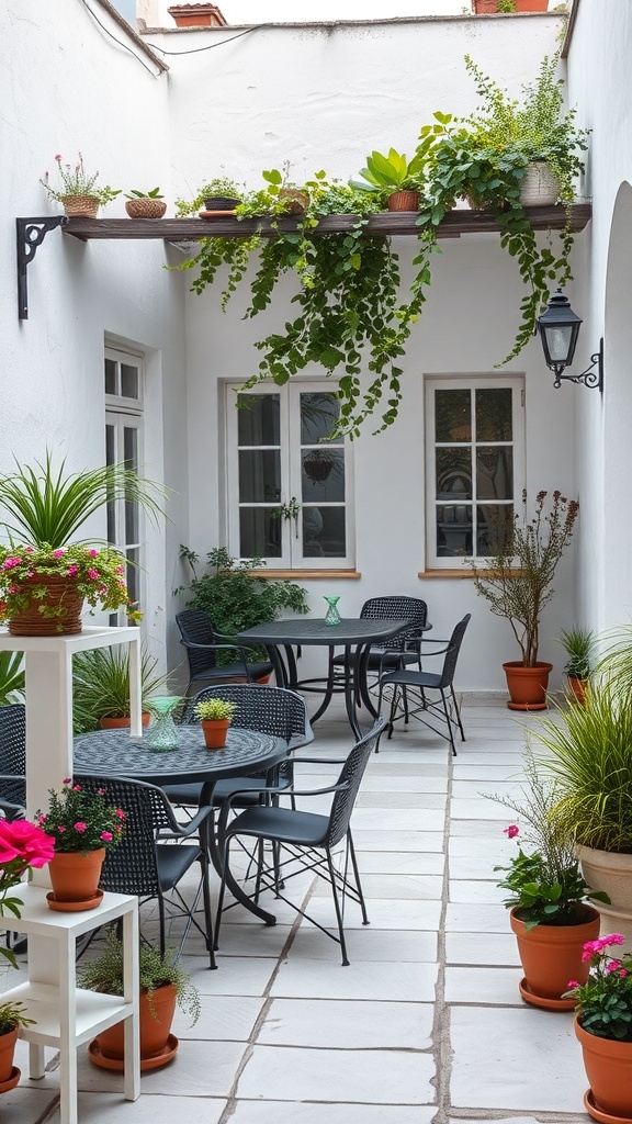 A cozy white stone patio with potted plants and outdoor furniture.