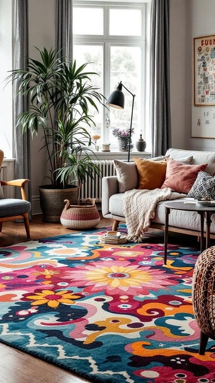 A colorful floral area rug in a bright living room with plants and cozy furniture.