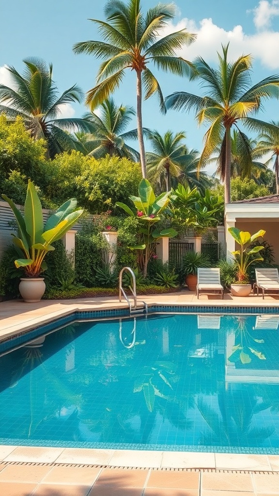 A beautiful poolside landscape with palm trees and vibrant plants.