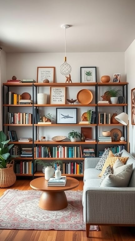 A cozy living room with customizable shelf displays, featuring books, plants, and decorative items.