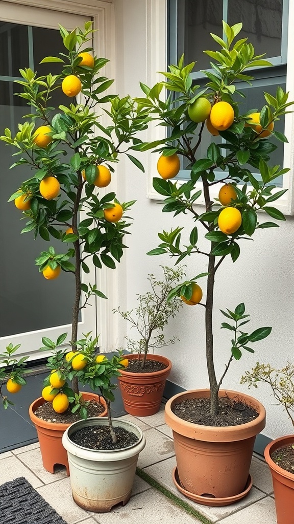 Potted lemon trees with ripe lemons in a small backyard garden