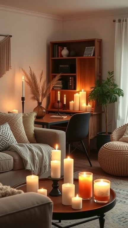 A cozy living room with various candles on a coffee table, creating a warm atmosphere.