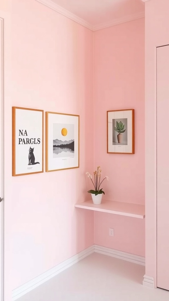 A light pink wall featuring minimalist art, a small shelf with books, and a potted plant.