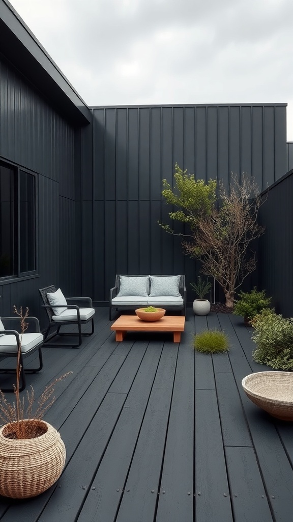 A minimalist Zen garden retreat featuring a black deck, comfortable seating, and greenery.